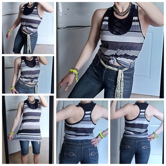 Xersion Monochromatic Black & White Grey-scale Striped Racerback Tank Top - Picture 3 of 16